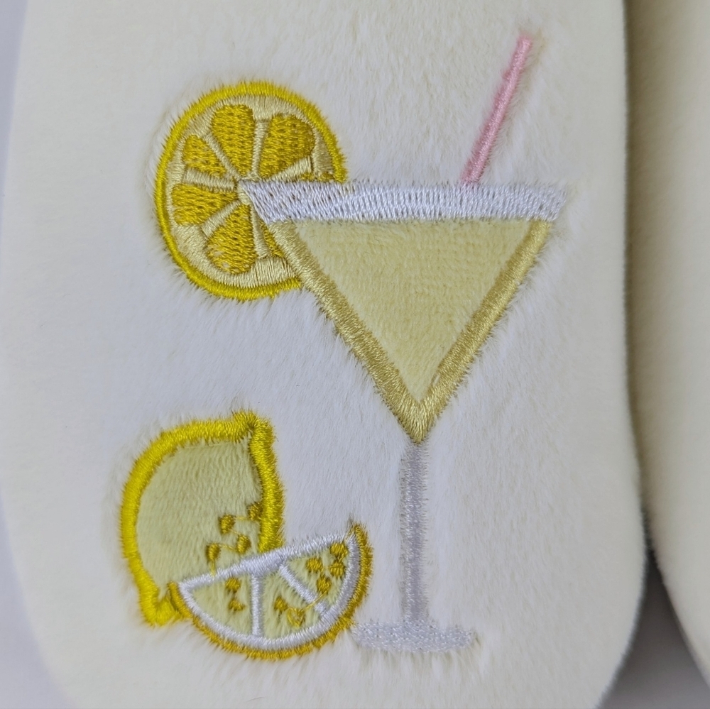 Slippers Lemon Drop Martini Embroidery Faux Fur Slip On Ivory L (8-9) NWT - Picture 2 of 13